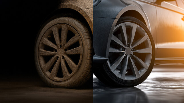 A dramatic side-by-side photograph expertly contrasts a car wheel caked in mud and grime with a flawlessly clean, sparkling, and polished wheel, demonstrating effective car cleaning.