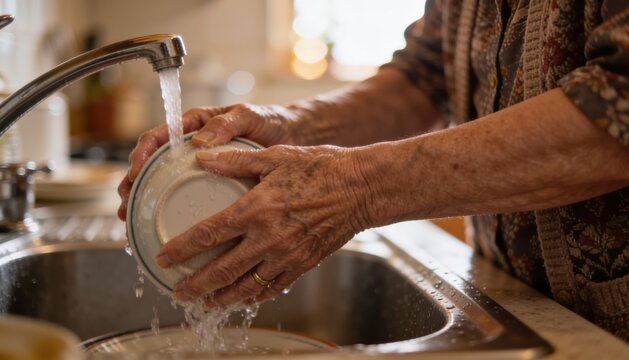 Elderly woman washing dirty dishes in a kitchen sink with running water, showcasing hands holding a plate and a cozy home environment with soft lighting