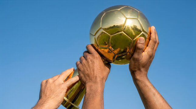 Closeup of hands holding a golden soccer ball trophy against a clear blue sky