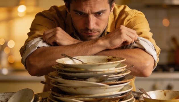 Male individual with serious expression leans on a stack of dirty dishes in a kitchen, with a blurred background of kitchen appliances and warm lighting