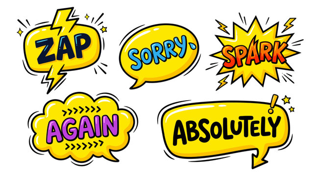 Hand-drawn comic bubbles with zap, sorry, and absolutely text.