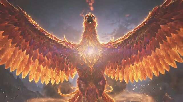 Majestic fire eagle soaring above fiery landscape with dramatic clouds