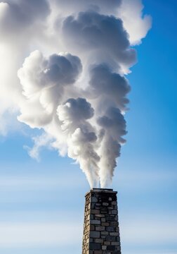 Dense white and gray smoke billowing out of a tall, stone chimney against a bright blue winter sky, indicating combustion and pollution, change, factory, gas