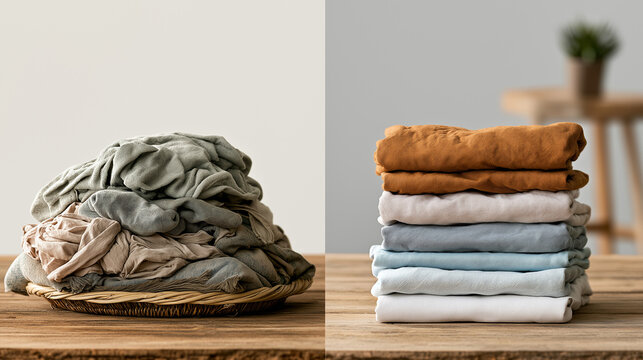 A visual comparison of a messy pile of dirty clothes in a rustic basket versus a neatly folded stack of clean, colorful linen items on a wooden table.