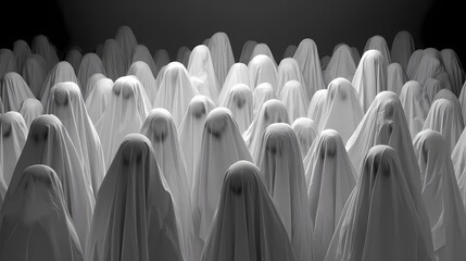 Obraz premium Row of White Bedsheet Ghosts Silhouettes in Dark Minimalist Monochrome Composition