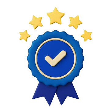 premium blue gold award badge with five stars and checkmark ribbon symbol representing excellence certification achievement quality approval recognition isolated transparent background design