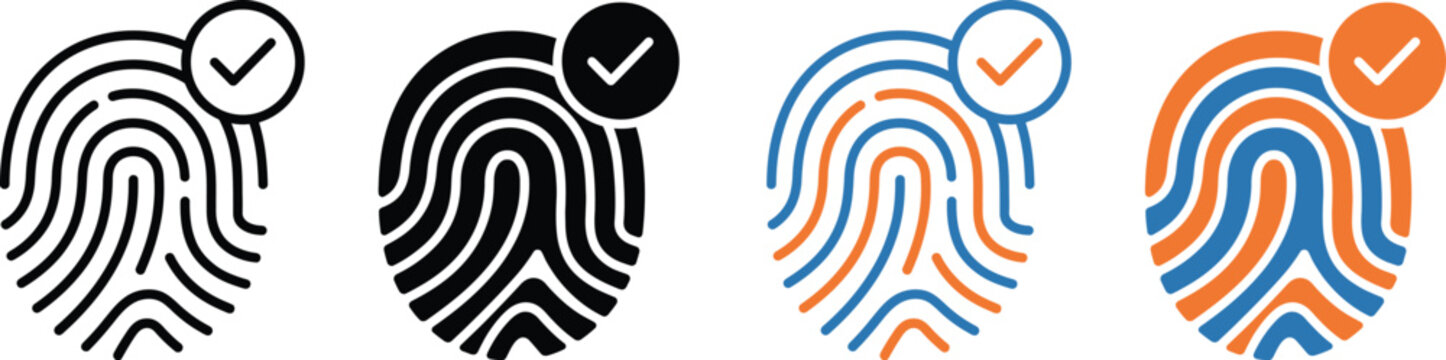 Four fingerprint icons with checkmarks on transparent background for security or authentication concept
