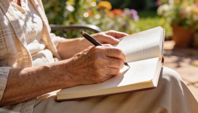 Senior woman with light skin writing in a notebook while seated in a garden surrounded by colorful flowers and greenery on a sunny day