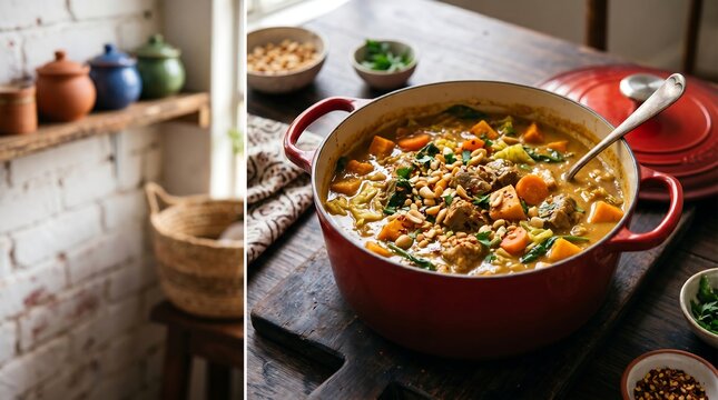 Maf&eacute; (Ivorian peanut stew) in a deep red cast iron pot, with thick and creamy peanut sauce of shiny golden-brown color