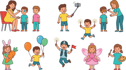 Fototapeta premium Kids Birthday Party and Festival Entertainment Vector Sticker Set with Face Painting, Costumes, Balloons, Sparklers, and Creative Art Activities