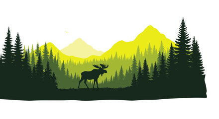 Obraz premium Moose silhouette in a scenic pine forest and mountain range