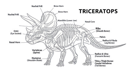 Triceratops dinosaur skeleton anatomy diagram with bone labels © asep