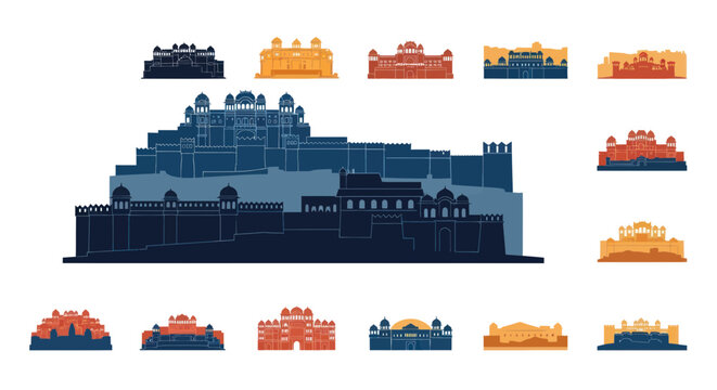 Indian palace and fort silhouettes in rajasthan style
