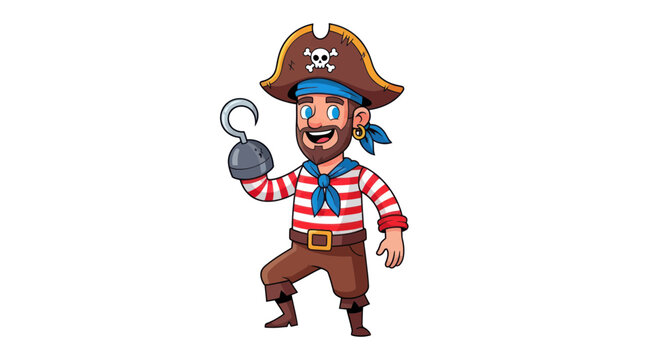 Smiling pirate character with hook hand and traditional captain hat