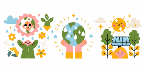 Fototapeta premium Floral earth and solar energy illustrations in a flat vector style