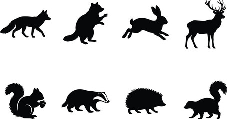 Obraz premium Vector silhouettes of woodland animals including fox, raccoon, rabbit, deer, squirrel, badger, hedgehog, and skunk designs