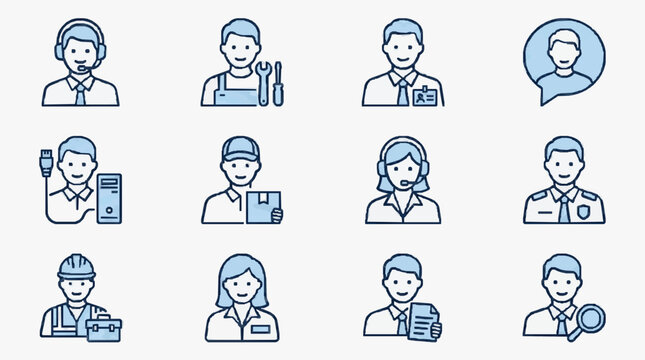 Creative Professional Icons Set for Customer Support IT Security and Technical Roles Visual Guide