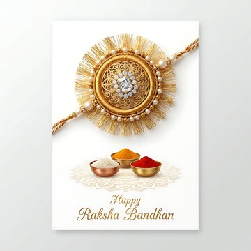 Happy raksha bandhan greeting card with traditional rakhi and puja items isolated on white background