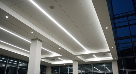 Obraz premium Modern interior shot, showcasing a white ceiling with integrated linear lights and columns