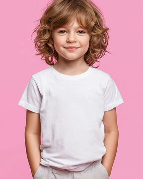 A young boy with curly brown hair smiles while wearing a plain white t-shirt and grey shorts, standing with hands in pockets against a pink backdrop.