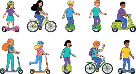 Eco Friendly Personal Transport Vector Character Set with People Riding Electric Scooters, Bicycles, Hoverboards, Monowheels, and Motorized Mopeds © Siddika