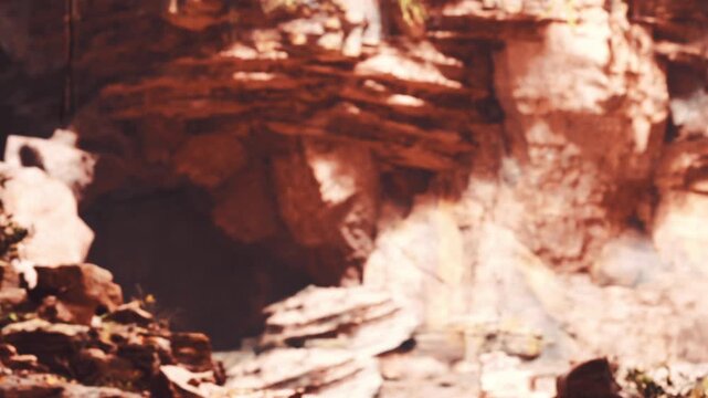 Groups of people walk around a rocky area near a cave in a natural park. Sunlight shines on the rocks, creating shadows. Trees surround the landscape, offering shade.
