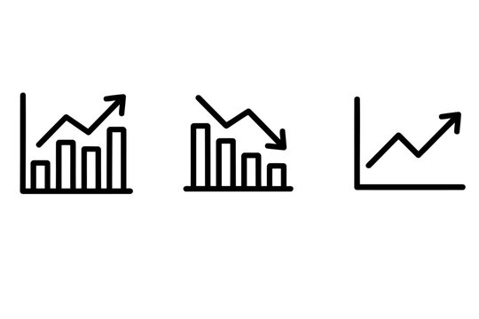 A set of line and bar graph icons with arrows on white background
