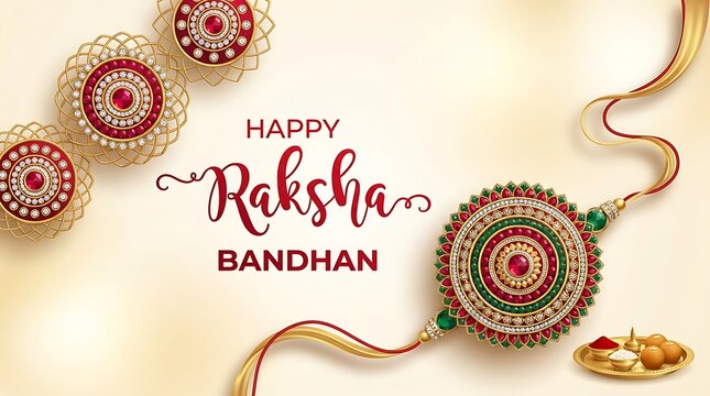 Happy raksha bandhan greeting card with decorative rakhi and traditional thali