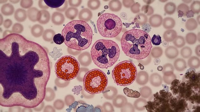 Microscopic View of Blood Cells and Blood Smear with White and Red Blood Cells