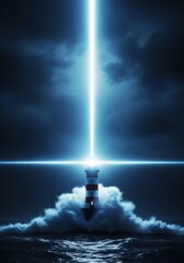Obraz premium Powerful lighthouse beam cutting through the gloom of a stormy sea, representing unwavering hope, safety, guidance, and a bright future, storm, illuminated, resilient
