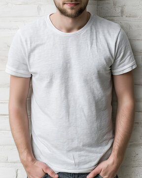 A young man wearing a simple light grey t-shirt stands casually against a textured white brick wall with his hands in his pockets.