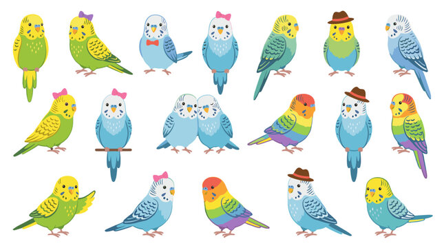 Set of colorful cartoon budgerigar birds in various poses