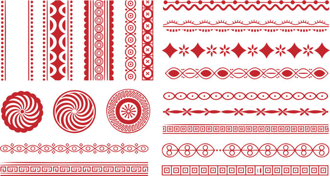 Vibrant collection of traditional red ethnic style decorative seamless borders and round ornamental graphic elements
