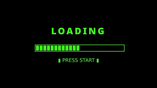 Retro gaming loading screen animation with progress bar and press start text animation