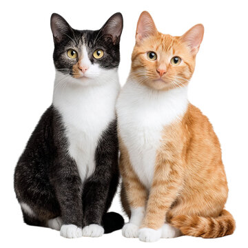 PNG of Two adorable cats, one black and white and the other orange, sitting together.