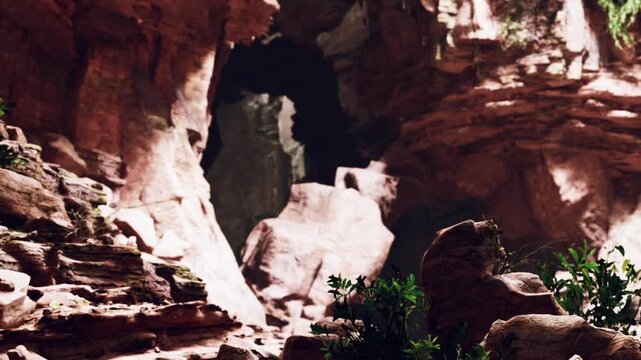 A person walks through a rocky cave surrounded by natural stone formations. Green plants grow on the ground and sunlight shines into the cave, creating a warm atmosphere.