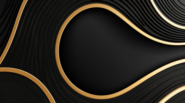 Dynamic abstract background art composed of intricate interwoven wavy golden and black textured lines, creating a luxurious and flowing pattern with ample dark space.