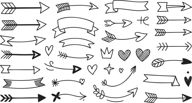 Stylish compilation of hand drawn black doodle arrows, banners, hearts, and decorative elements