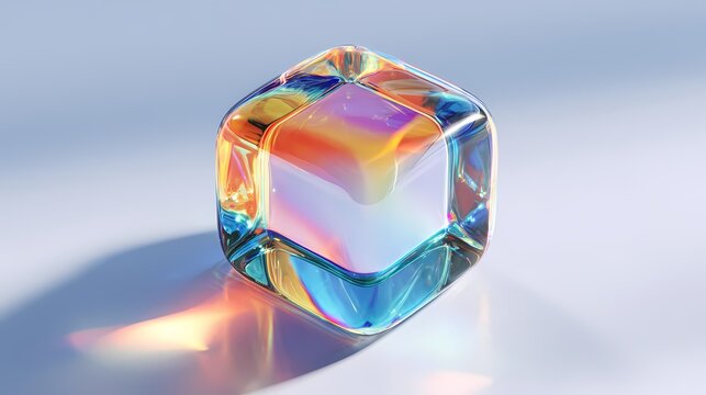 Translucent Glass Cube with Rainbow Refraction on Soft Gradient Background