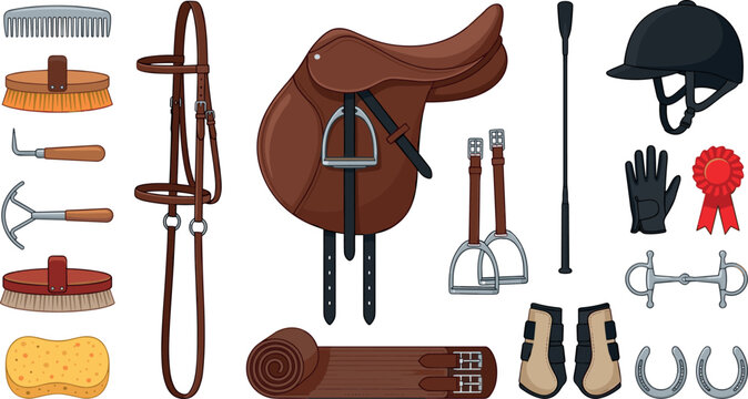 Comprehensive Equestrian Sport and Horse Care Vector Element Set with Leather Saddle, Bridle, Helmet, Stirrups, Horseshoes, and Grooming Brushes