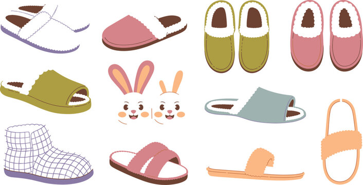 Cozy Home Slippers and Indoor Footwear Vector Illustration Set Featuring Cute Bunny Slides, Winter Booties, Fuzzy Mules, and House Shoes for Retail Designs