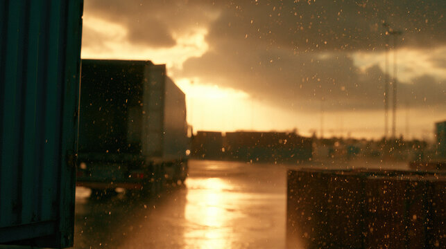 Loading truck in rain at sunset, empty yard with open cargo door and golden light through storm cloud, misty industrial scene