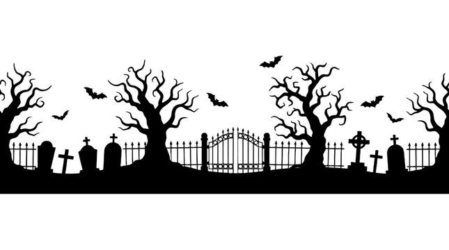 Halloween cemetery silhouette with trees, graves, bats and gate