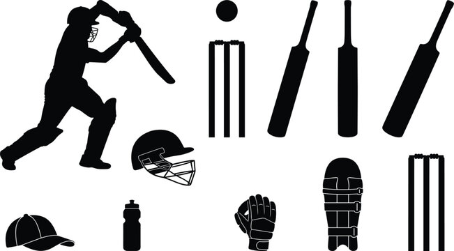 Cricket sports equipment silhouette set with batsman batsman helmet bat ball wicket and pads on white background.eps