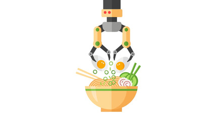 Fototapeta premium Robotic Arm Preparing Japanese Ramen Bowl, Food Industry Automation and Smart Kitchen Technology Concept Illustration