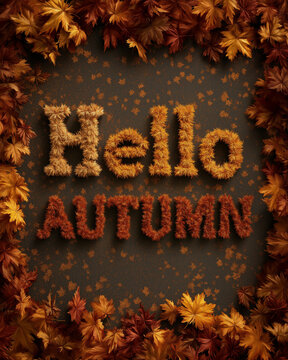 The inviting phrase 'Hello Autumn' is creatively crafted from textured leaves and surrounded by a vibrant border of rich fall foliage on a dark background.