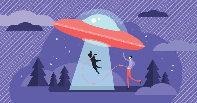 UFO gatavs encounter shows a glowing saucer abducting a dog as its owner watches in a night forest, symbolizing sudden contact and mystery. Key objects, UFO, dog, person.