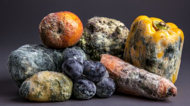 Moldy fruits and vegetables on a dark surface show decay and waste in food