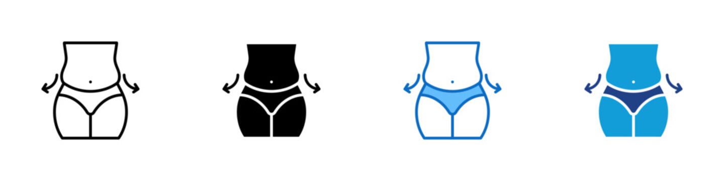 Abdominal Obesity Multiple Style Icon Design Vector - Abdomen with waist arrows representing abdominal obesity, visceral fat, and metabolic syndrome risk