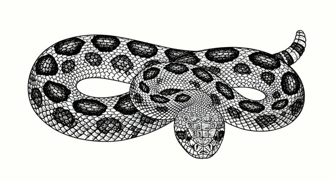 Coiled rattlesnake with intricate skin pattern and rattle tail